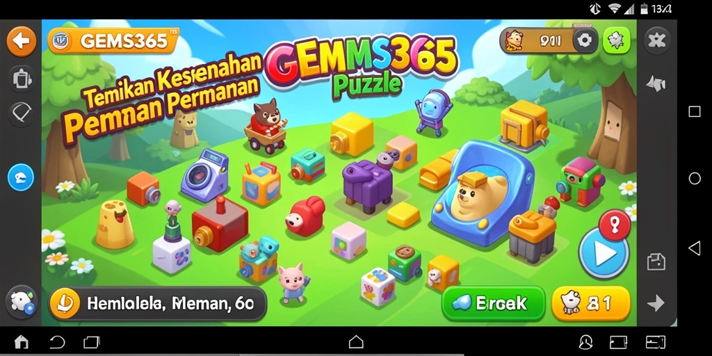 Screenshot utama GEMS365 menampilkan permainan puzzle dengan permata berwarna-warni.
